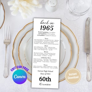 May include: A white and black 60th reunion invitation card with text about 1965, including world population, news, music, movies, and prices. The card is on a white plate with gold trim, with a fork and knife.
