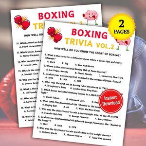 May include: Two-page boxing trivia game with red boxing glove illustrations and the text "Boxing Trivia Vol. 2." Includes questions about boxing history and a red "Instant Download" button.