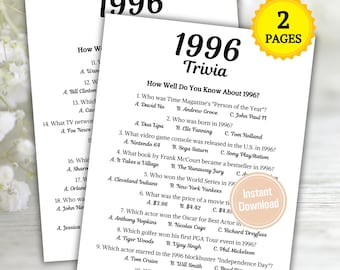 1996 Quiz-Spiel | Druckbares 30. Geburtstag Party Spiel | Jahrgang 1996 Quiz | Zurück zur 90er Party | 30. Geburtstag-Ideen | Sofort Download
