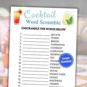 May include: A printable cocktail word scramble game with a list of 17 words to unscramble. The words are related to cocktails and drinks. The game features a watercolor illustration of a cocktail glass with a cherry and a lemon wedge.