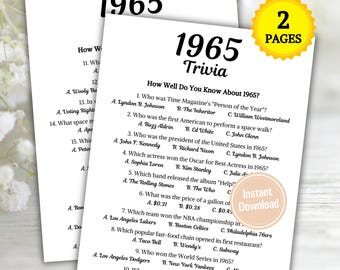 1965 Trivia Game | Printable 60th Birthday Party Game | Born in 1965 Quiz | Back to the 65s Party | 60th Birthday Ideas | Instant Download