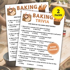 May include: Two-page baking trivia game with questions about baking terms, ingredients, and techniques. The design includes illustrations of bread and a wheat stalk. The words "Baking Trivia" are displayed prominently.