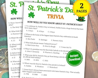 St. Patrick's Day Trivia Game | Printable St. Patty's Day Knowledge Quiz Game | St. Paddy's Party Trivia Game | Instant Download PDF
