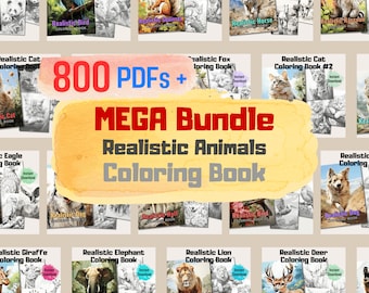 800 Seiten realistisches Tiere Malbuch Mega Bundle + 20 Umschlagseiten, perfekt für Kinder & Erwachsene, detaillierte Designs, Therapie, druckbares PDF
