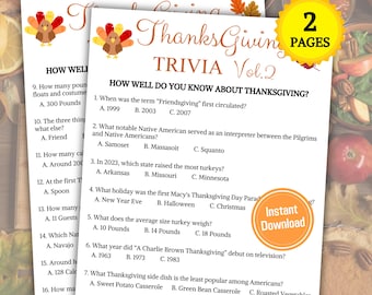 May include: A printable Thanksgiving trivia game with a festive autumnal design. The game features questions about the history and traditions of Thanksgiving. The title of the game is "Thanksgiving Trivia Vol. 2".