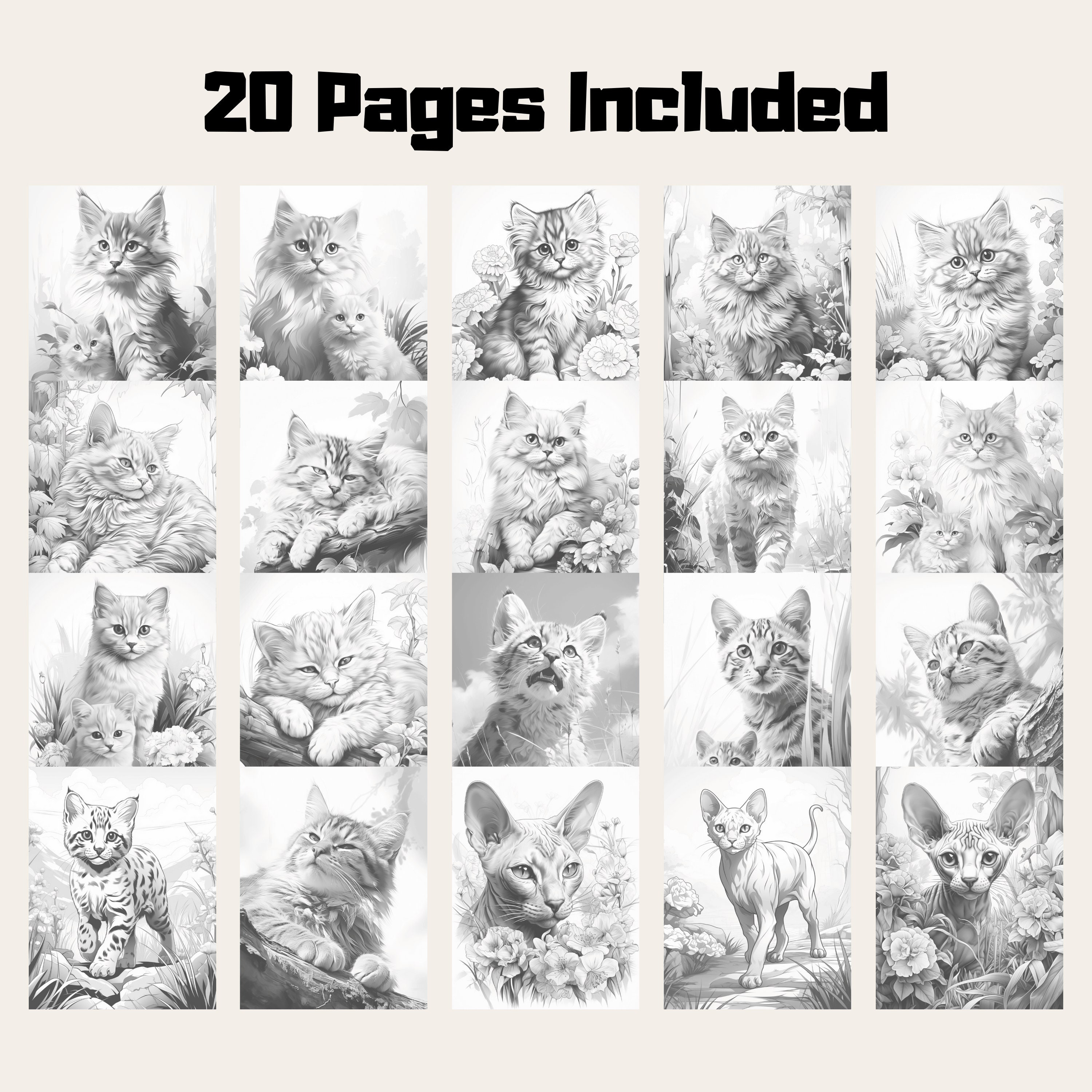 20 Realistic Cat Coloring Book, 20 Intricate Designs Cat Coloring Pages Perfect for All Ages ...
