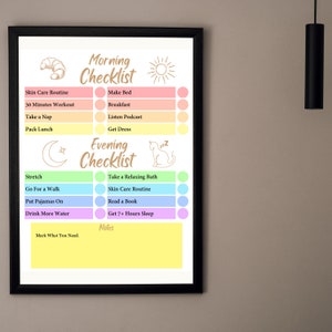 Self care checklist for yourself. Morning routine, skincare routine template, fillable routine printable PDF and instant digital download. It is perfect for help set yourself up for success with a morning and evening routine.