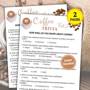 Op de afbeelding: Een twee pagina's tellende printbare koffie-triviaquiz met vragen over koffieproductie, cafeïne en koffiegeschiedenis. De quiz heeft de titel "Coffee Trivia Vol. 2" en bevat een cartoonillustratie van een kopje koffie.