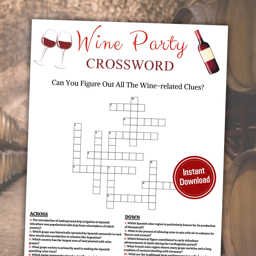 Wine crossword game | wine crossword puzzle game | printable wine party  trivia game | wine word game | wine party | instant download