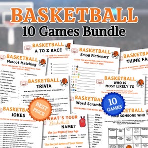 Basketball Games Bundle | Printable Basketball Team Party Game | Basketball ABC Game | Trivia Game | Mascot | Emoji | Bingo | Riddles Game