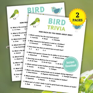 May include: Two-page bird trivia game with colorful bird illustrations. The quiz includes questions about bird species, bird anatomy, and bird behavior. The design features a bright yellow badge that says "2 pages" and a green "Instant Download" badge.