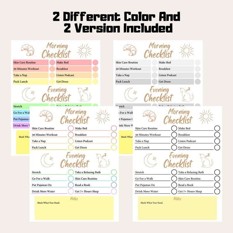Self care checklist for yourself. Morning routine, skincare routine template, fillable routine printable PDF and instant digital download. It is perfect for help set yourself up for success with a morning and evening routine.