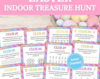 May include: A printable Easter treasure hunt game with 12 clues. Each clue features a colorful puzzle or riddle with a pink, blue, and yellow striped background. The text "Instant Download" is in the bottom right corner.