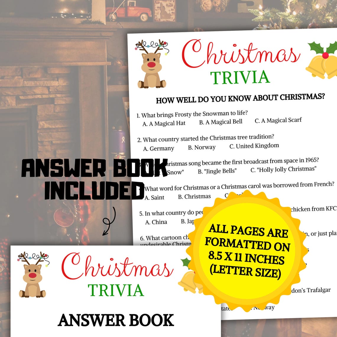 Rustic Christmas Party Trivia Game – 25 Pack, Red & Gold Poinsettia Design, 12-Minute Holiday Fun For Groups - View #5