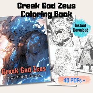 20 Pages Greek God Zeus Grayscale Coloring Book, God Coloring Pages For All Ages, Instant Download, Mythology Art Therapy, Printable PDF