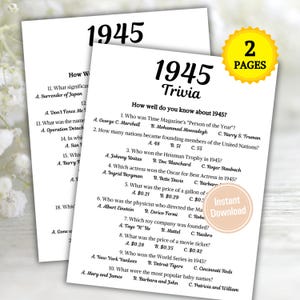 1945 Trivia Game | Printable 80th Birthday Party Game | Born in 1945 Quiz | Back to the 45s Party | 80th Birthday Ideas | Instant Download