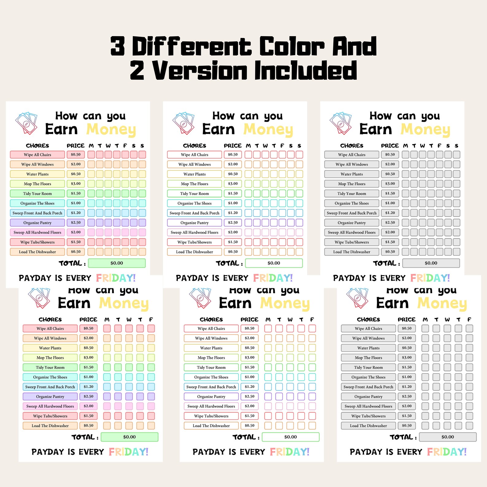 Editable Kids Chore Chart Rainbow Color Earn Money System Printable ...