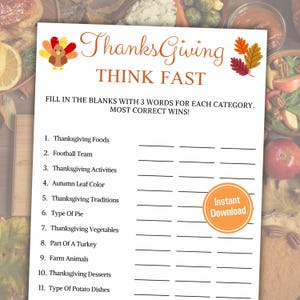 Thanksgiving Think Fast Game | Thanksgiving Trivia Game | Printable Thanksgiving Party Game for All Age | Family Activity | Fall Family Game