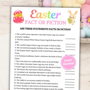 May include: A printable Easter fact or fiction game with a pink and yellow chick and a white bunny with a pink nose. The game has 16 questions about Easter traditions and facts.