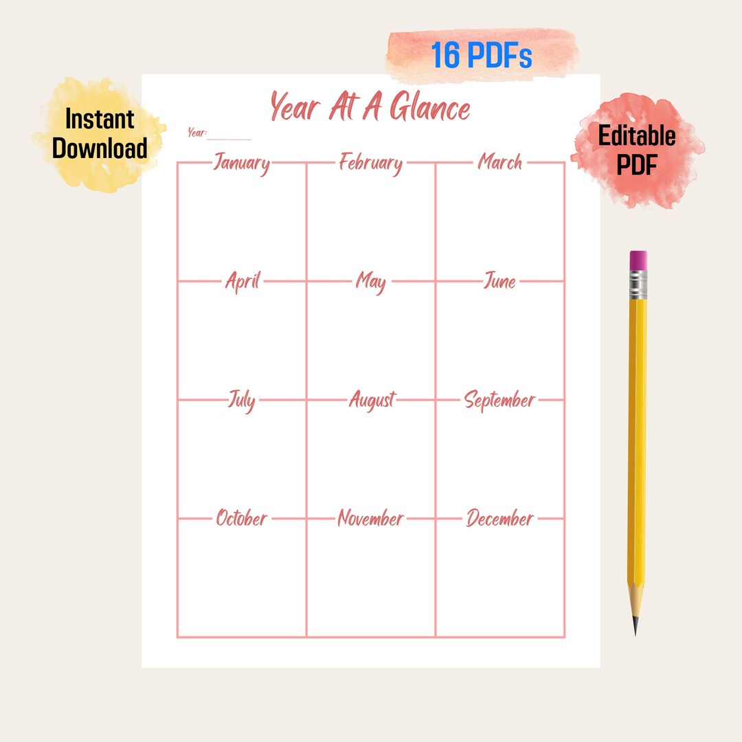Editable Year at a Glance Planner Warm Color Tone, Yearly Overview ...