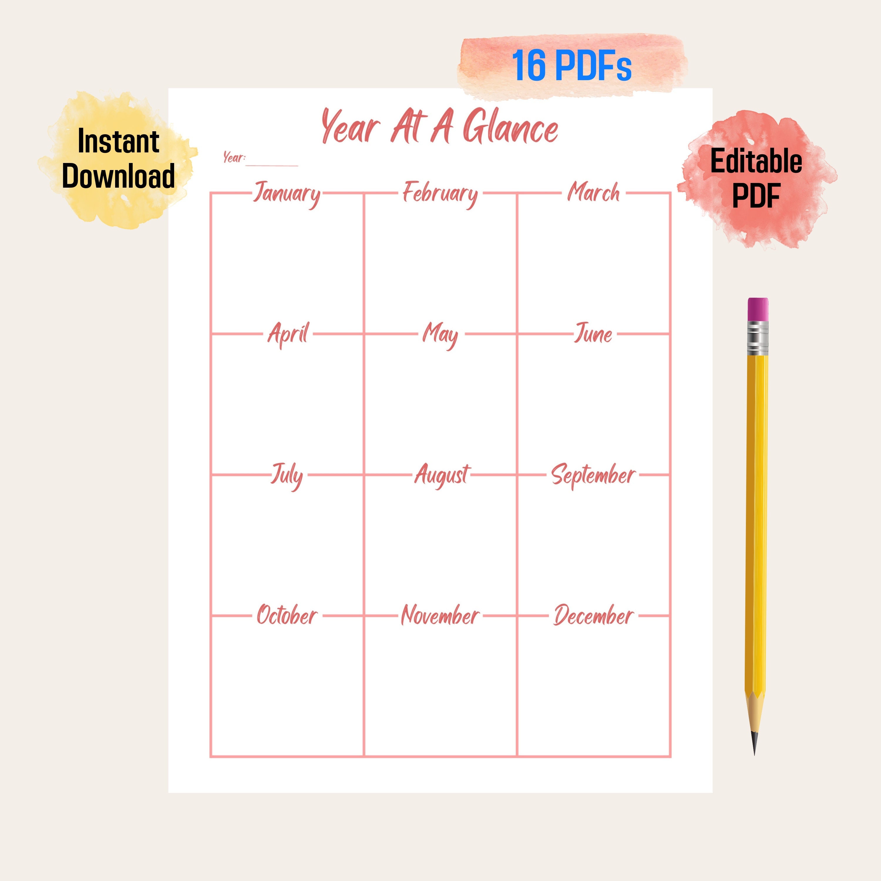 Editable Year at a Glance Planner Warm Color Tone, Yearly Overview ...