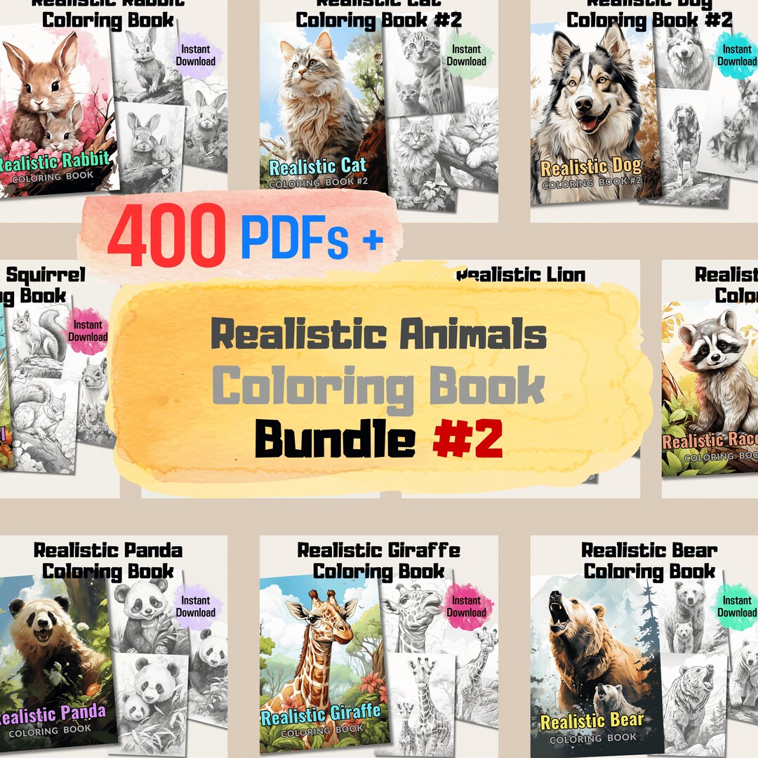 400-pages Realistic Animals Coloring Book Bundle, Grayscale Coloring ...