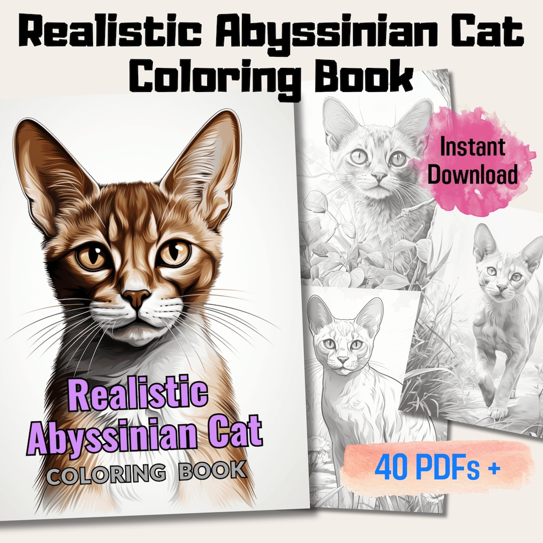 Realistic Abyssinian Cat Coloring Book, 20 Abyssinian Cat Grayscale ...