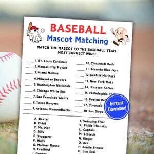 Baseball Mascot Matching Game | Printable Baseball Trivia Game | Baseball Team Party Game | MLB Game for All Ages | World Series Activity