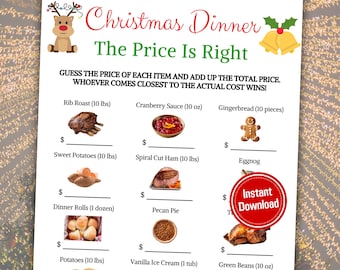 Könnte beinhalten: Ein druckbares Weihnachts-Dinner-Spiel, "Der Preis ist heiß". Das Spiel enthält eine Liste von Urlaubslebensmitteln wie Rippenbraten, Cranberry-Sauce und Süßkartoffeln. Die Spieler erraten den Preis jedes Artikels und addieren ihn.