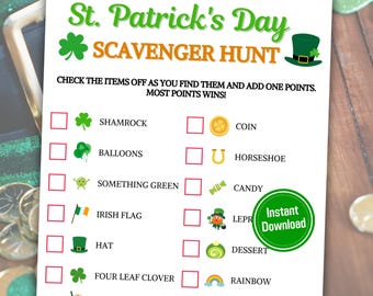 St. Patrick's Day Scavenger Hunt Game | Printable St. Patty's Treasure Hunt Game | Outdoor Scavenger Hunt Games | Instant Download PDF