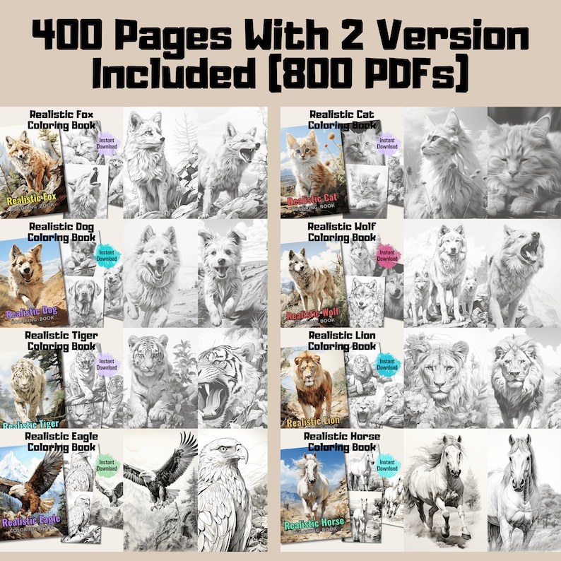 800-Pages realistic animals coloring book mega bundle is perfect for animal enthusiasts, relaxation seekers and anyone looking to unleash their creativity.