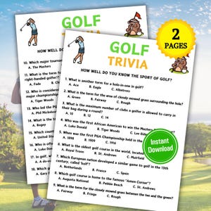 May include: Two-page golf trivia game with questions about the sport. The design includes illustrations of a golfer and a cartoon beaver. The words "GOLF TRIVIA" are in large, bold letters. The words "Instant Download" are in a green circle.
