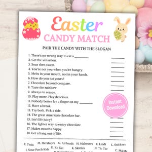 May include: Printable Easter candy match game with a pink background and a bunny and egg illustration. The game asks players to match candy slogans with the correct candy brand.  The candy brands listed are Twix, Hershey's, Airheads, Maltesers, Lindt, Sour Patch Kids, Kit Kat, Skittles, Tic Tac, Snickers, and M&Ms.