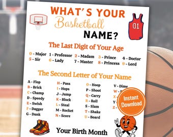 What's Your Basketball Name Game | Basketball Party Name Generator | Printable Basketball Party Sign And Name Tags | Instant Download PDF