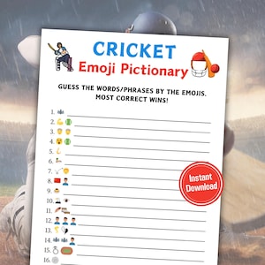 May include: A white printable game sheet titled "CRICKET Emoji Pictionary". The sheet features cricket-themed emojis and fill-in-the-blank lines for guessing words or phrases. A red circle with "Instant Download" is in the corner.