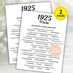 Peut inclure: Deux pages de jeux de société imprimables sur le thème de 1925. La première page présente un quiz intitulé "How Well Do You Know About 1925 ?" avec des questions à choix multiples. La deuxième page a un autocollant jaune "2 PAGES".