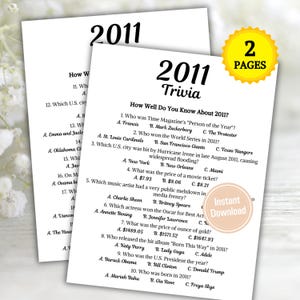 May include: Two-page printable trivia game about the year 2011. The game includes questions about pop culture, news, and events from 2011. The design features the year 2011 in large text at the top of each page. Includes an "Instant Download" graphic.