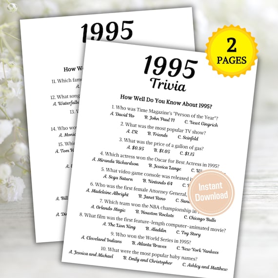 1995 Trivia Game | Printable 30th Birthday Party Game | Born in 1995 Quiz | Back to the 95s Party | 30th Birthday Ideas | Instant Download