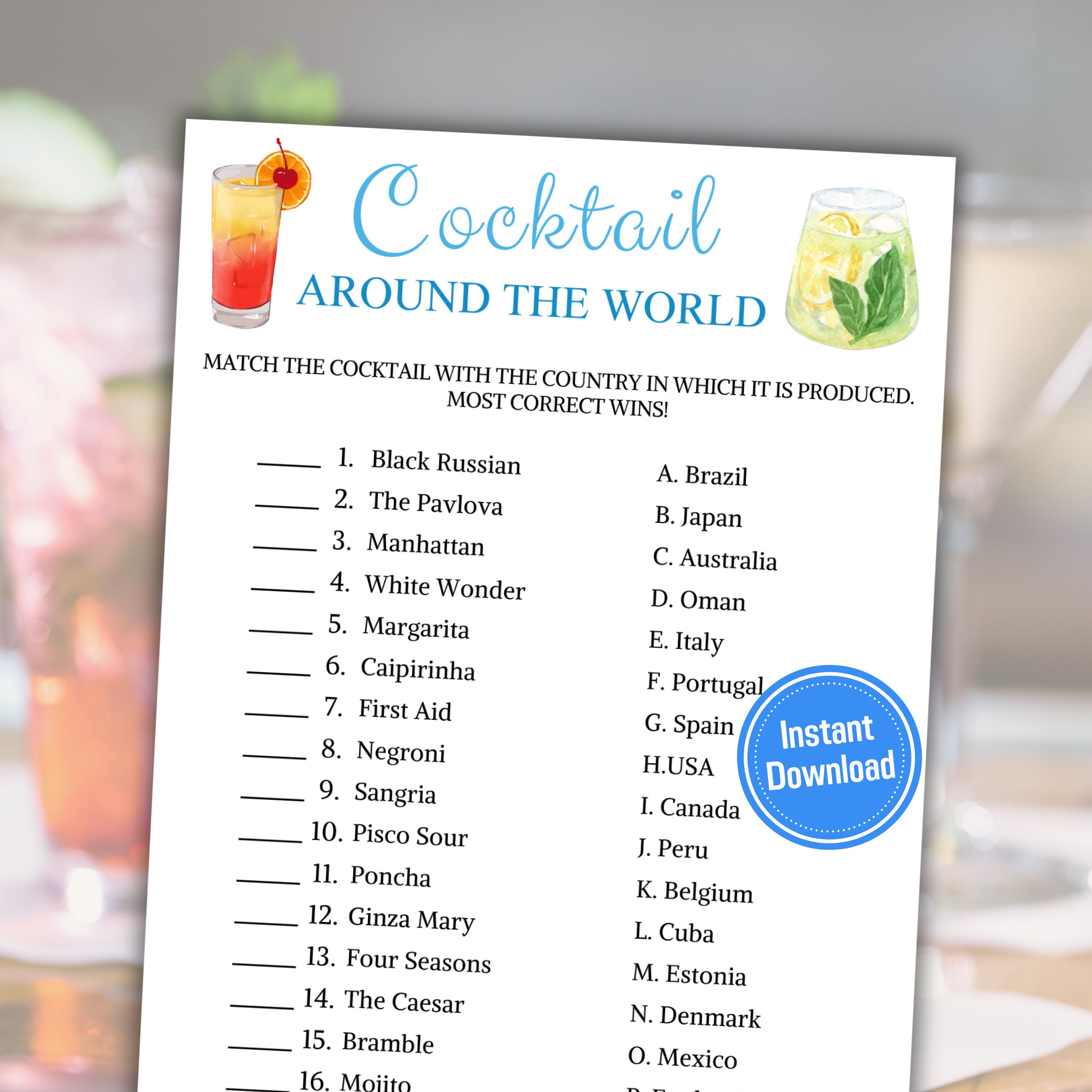 Cocktail Around The World Game | Printable Cocktail of the World Games | Cocktail Party Games | Cocktail Tasting Party | Instant Download