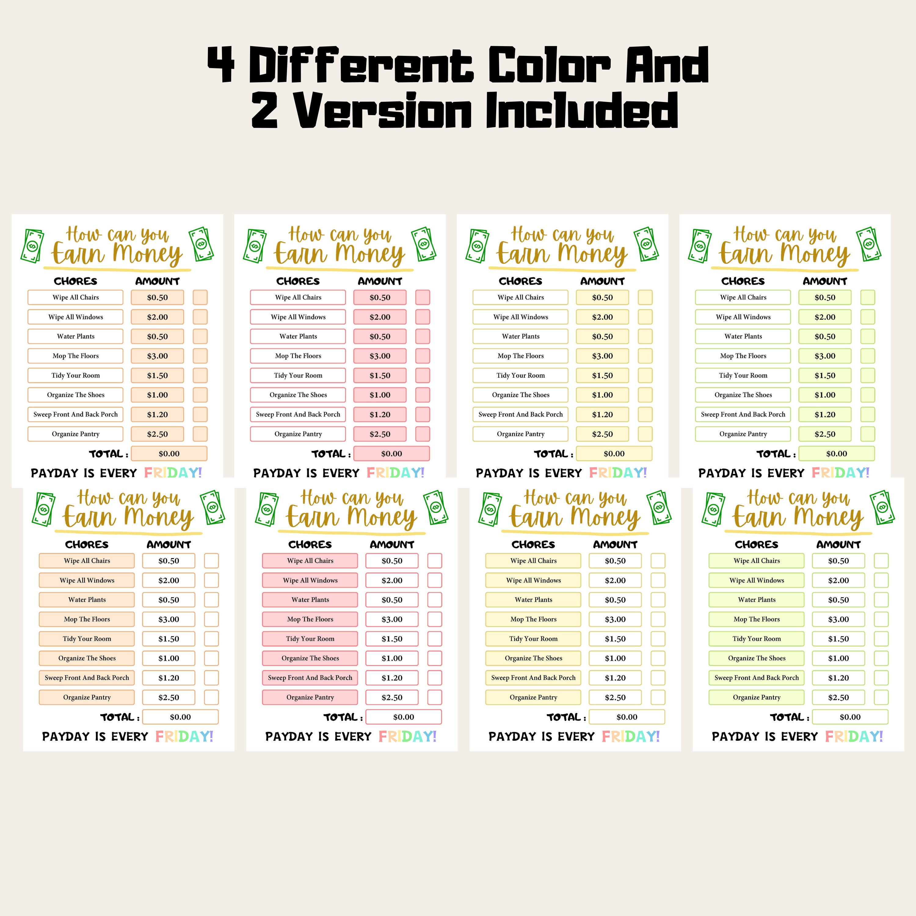 Printable How to Earn Money Chore Chart for Kids Warm Color Tone, Responsibility Chart for Kids ...