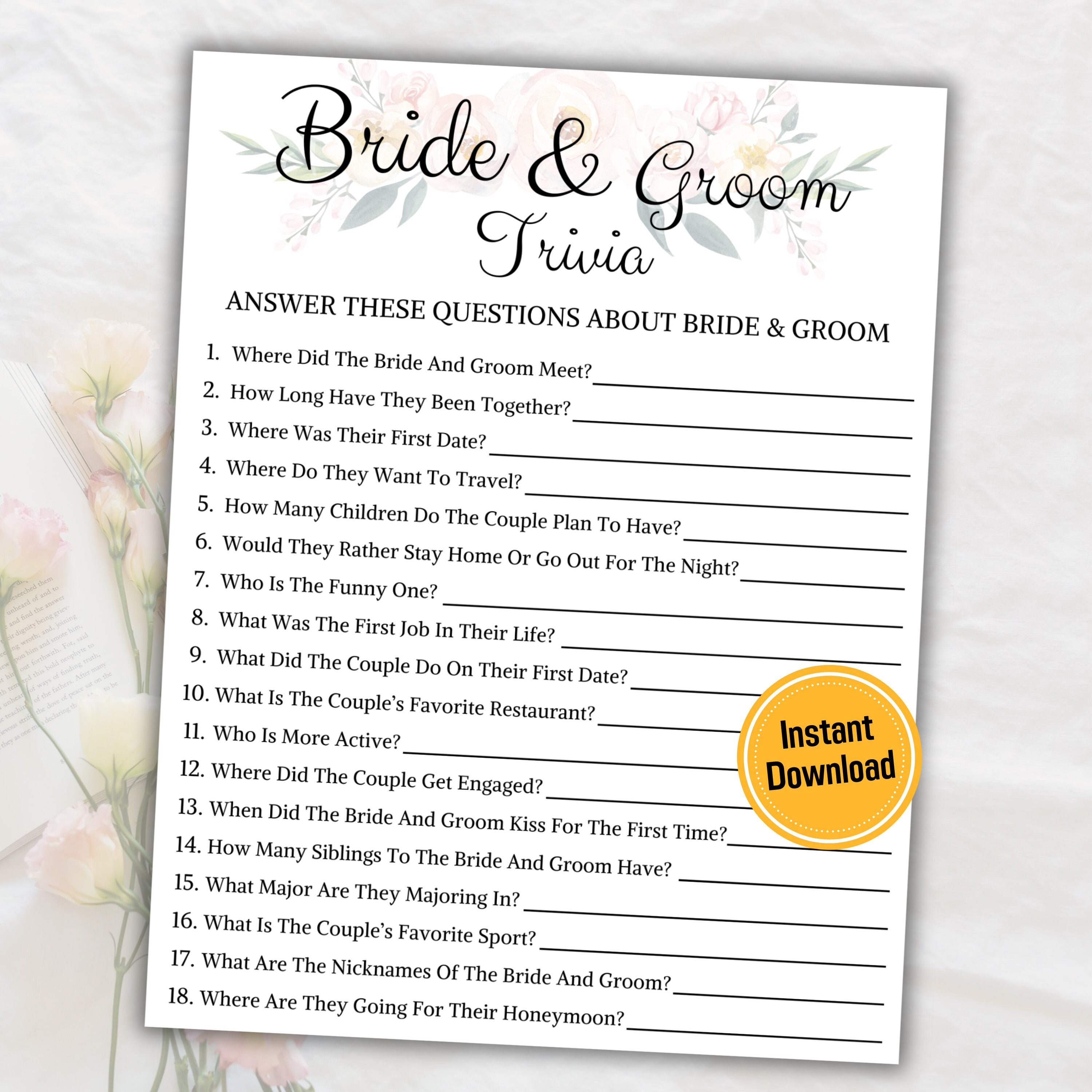 Bride &amp; Groom Trivia Game Printable Wedding Shower Game Bridal Shower ...