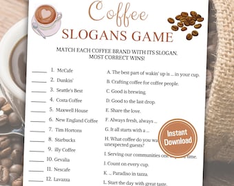 Coffee Slogans Game | Printable Coffee Tagline Games | Coffee Party Trivia Game | Coffee Themed Party Games | Instant Download PDF