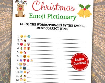 May include: A printable Christmas Emoji Pictionary game with 15 rounds.  Each round features a set of emojis that players must guess the word or phrase for.  The game includes a reindeer, bells, and the text "Christmas Emoji Pictionary".