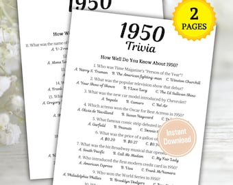 1950 Trivia Game | Printable 75th Birthday Party Game | Born in 1950 Quiz | Back to the 50s Party | 75th Birthday Ideas | Instant Download