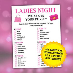 Ladies Night Whats In Your Purse Game - All pages are formatted on 8.5 x 11" inches (US Letter size).