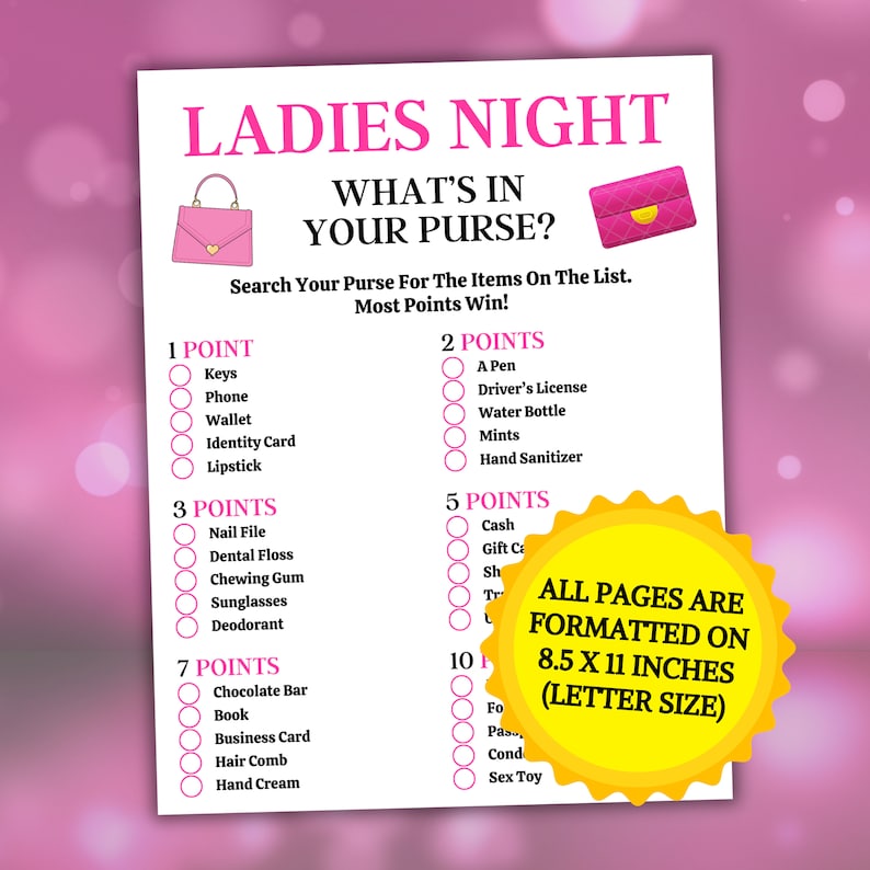 Ladies Night Whats In Your Purse Game - All pages are formatted on 8.5 x 11" inches (US Letter size).