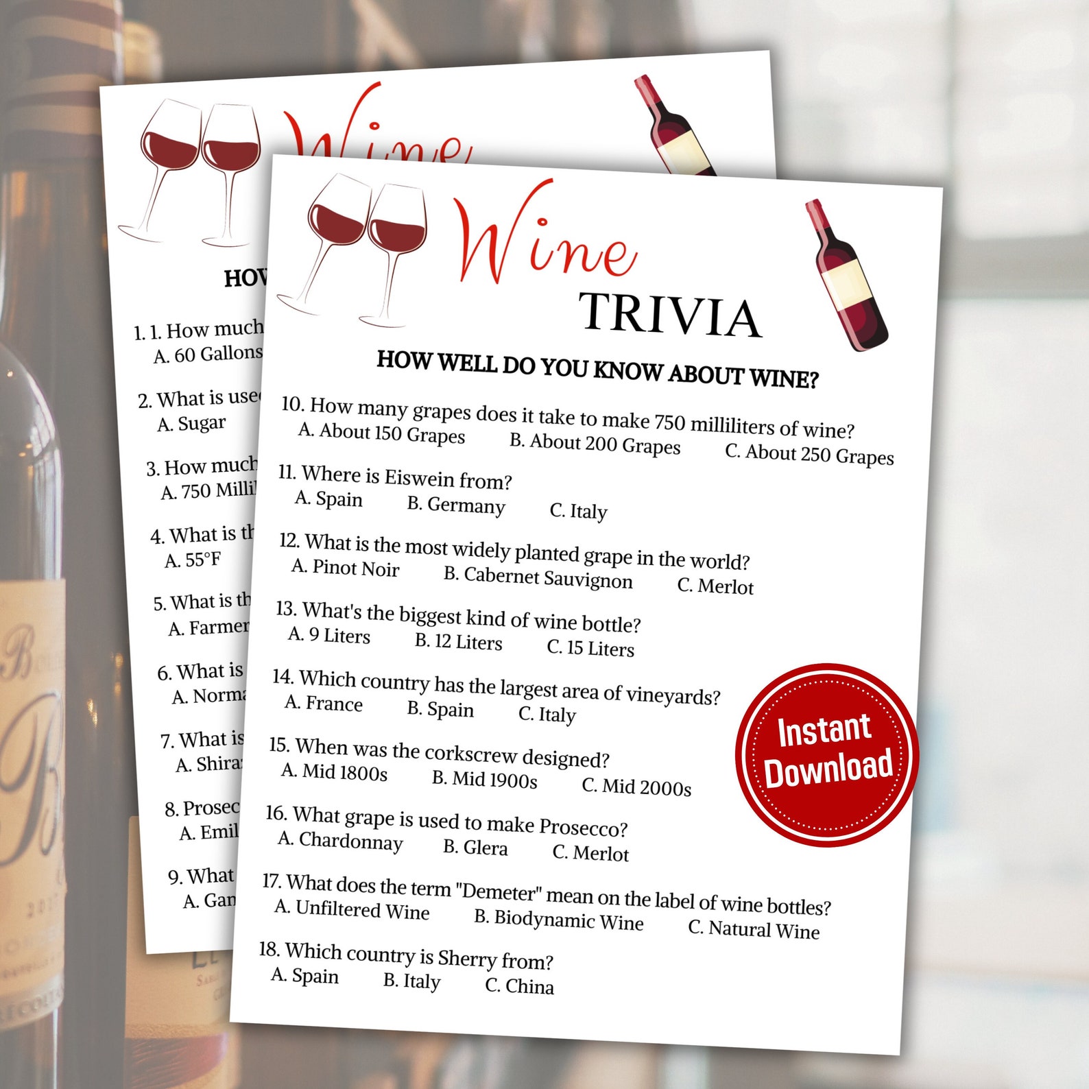 Wine Trivia Game | Wine Knowledge Quiz Game | Printable Wine Party ...