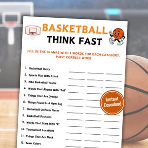 Basketball Think Fast Game | Basketball Trivia Game | Basketball Word Finding Game | Printable Basketball Game for All Ages | Birthday