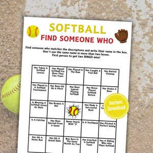 Softball Find Someone Who Game | Printable Softball Find The Guest Bingo | Softball Team Mix and Mingle Bingo | Softball Activities