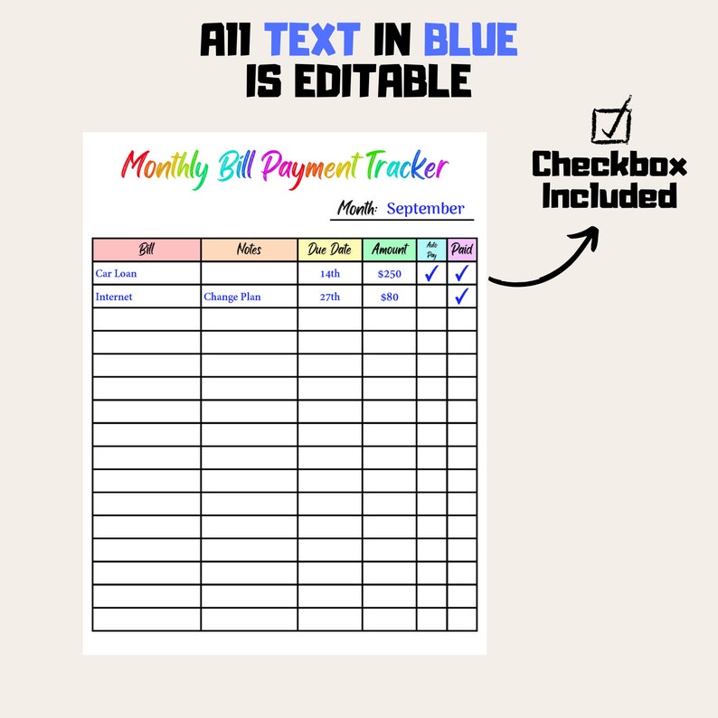 Bill Payment Tracker Rainbow Color Printable, Editable Monthly Bill ...